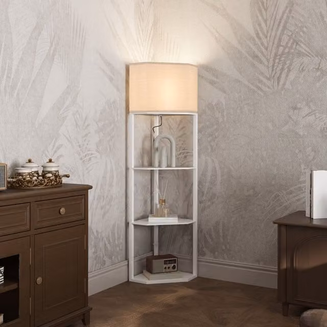 HOMCOM Modern White Corner Floor Lamp with Shelves and Pull Chain Switch