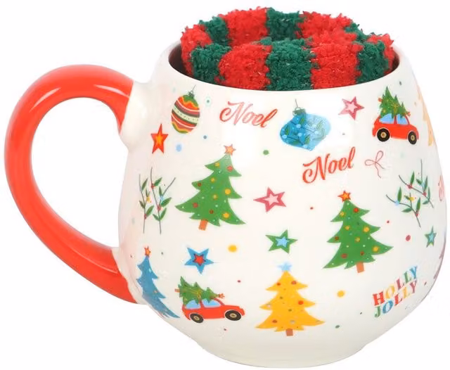 Something Different Nostalgic Print Christmas Mug and Striped Sock Set in White