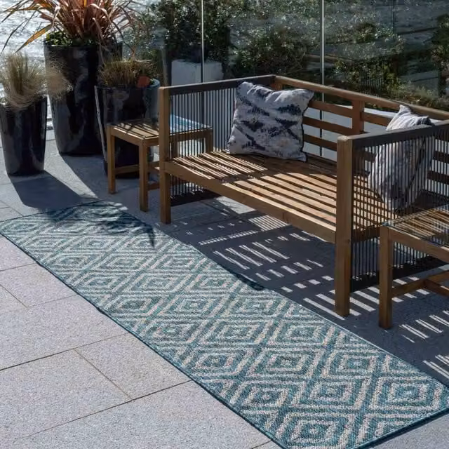 The Rug House Blue and Grey Diamond Geometric Flatweave Indoor Outdoor Rug W: 240 cm, D: 60 cm