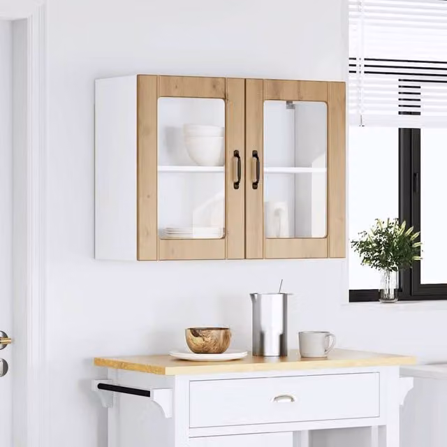 Berkfield Home Lucca Artisan Oak Kitchen Wall Cabinet with Glass Doors in Brown, W: 60 cm, H: 80 cm, D: 31 cm