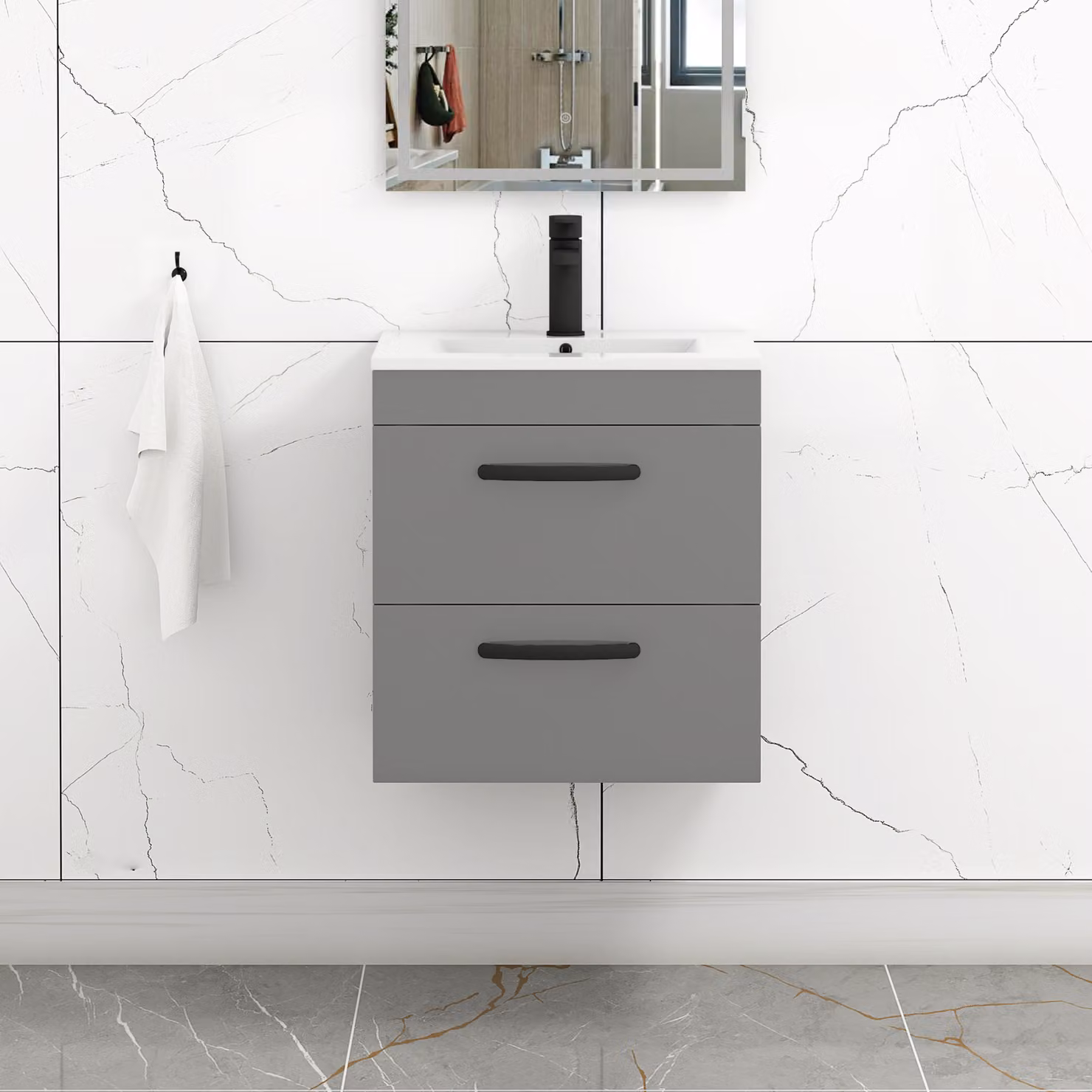 Royal Bathrooms Turin 500mm Wall Hung Vanity Unit in Indigo Grey Gloss with 2 Drawers and Matt Black Handles
