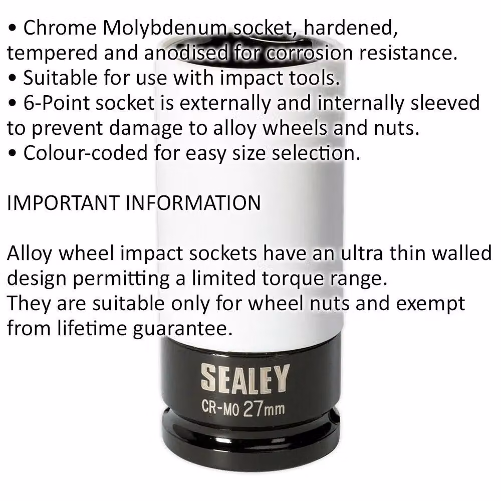 Loops 27mm Alloy Wheel Impact Socket with 1/2 inch Square Drive and Rim Protect Sleeve in Chrome Molybdenum – 2