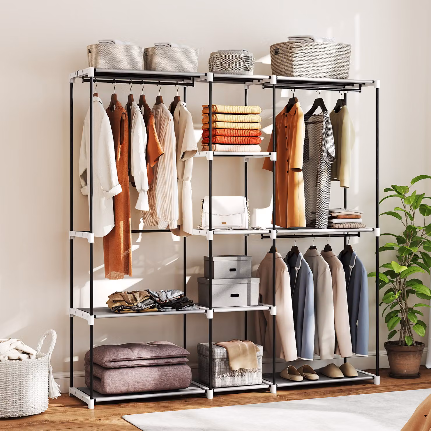 HOMCOM Portable Open Clothes Wardrobe with 8 Shelves and 3 Hanging Rails in Light Grey – 2
