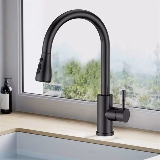 Nordara Kitchen Sink Mixer Tap in Matt Black with Pull Out Spray Spout and Swivel Function, W: 52 cm