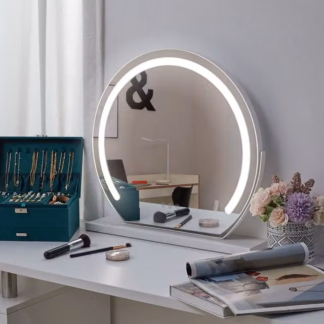 Livingandhome Hollywood Round LED Tabletop Makeup Mirror in White
