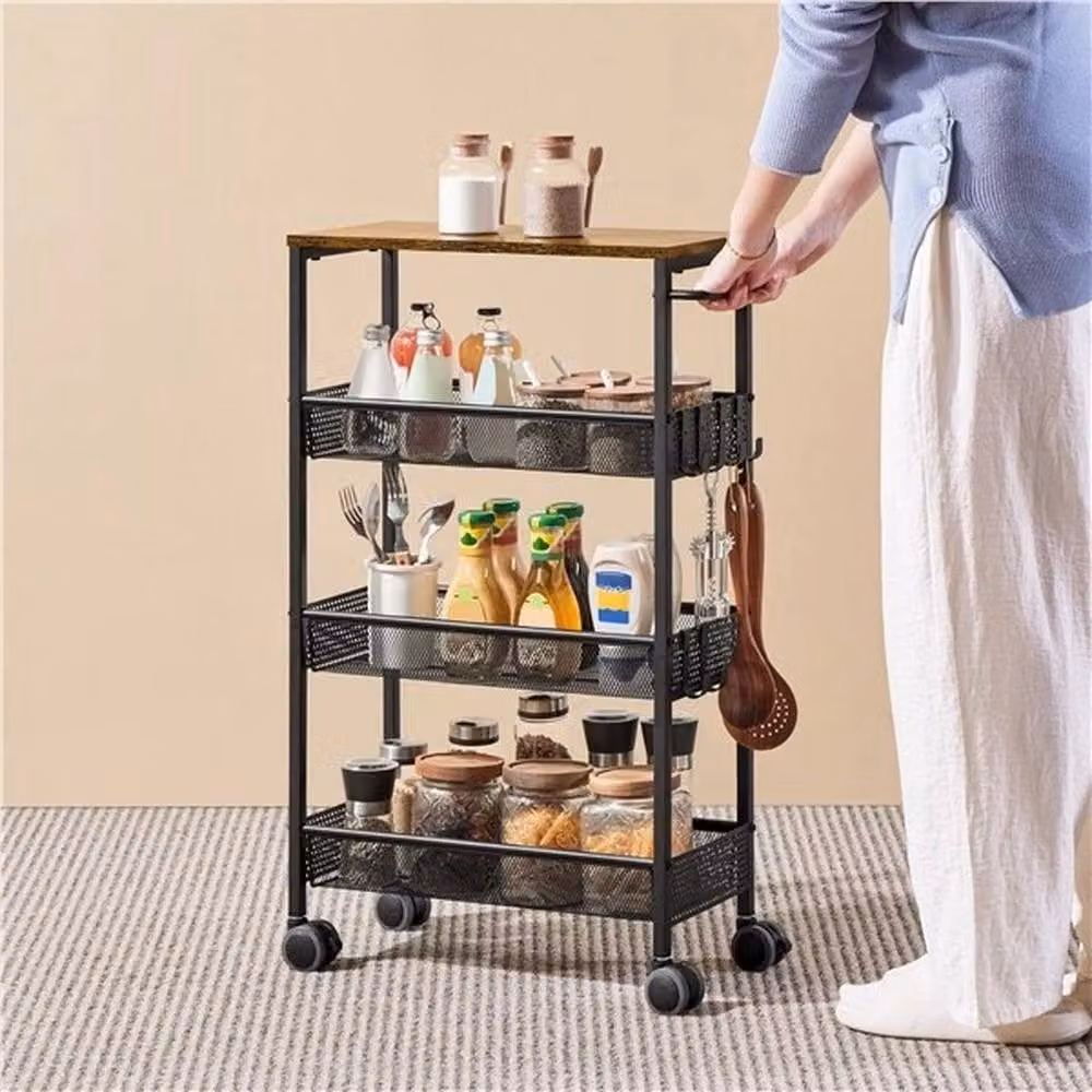 Kelvenix 4-Tier Brown and Black Rustic Storage Trolley on Wheels – 3