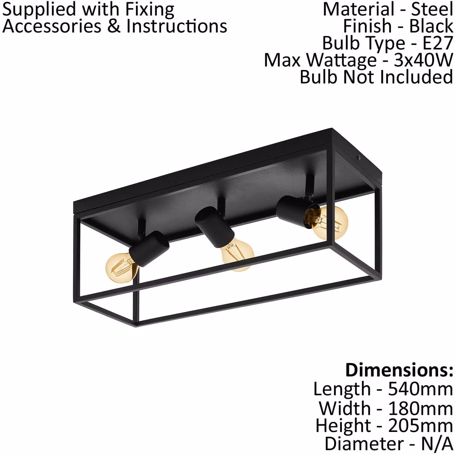 Loops Black Metal Industrial Flush Ceiling Light with 3x E27 Holders – 2