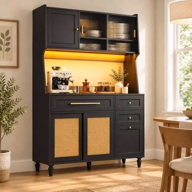 STILVORA Modern Black Kitchen Base Cabinet with Sliding Glass Doors, Internal Drawers and Integrated Lighting