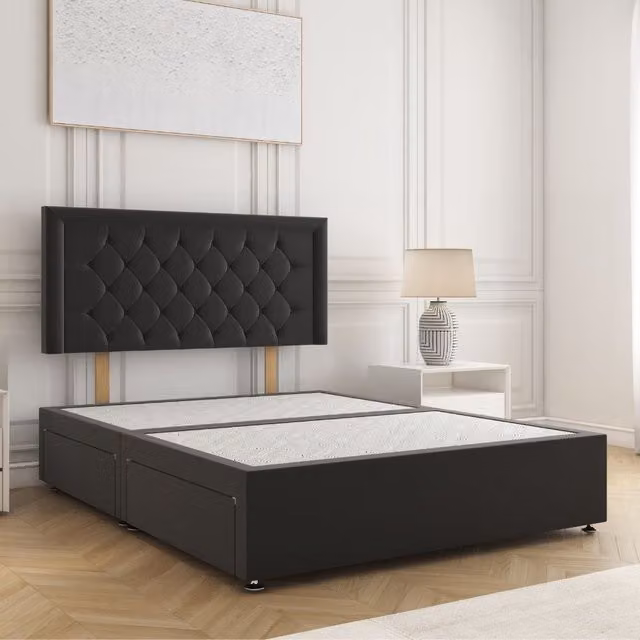 BSSPOKE Nova Plush Velvet Divan Bed with 24 inch Headboard and 4 Drawers in Black, Super King, W/D/H: 200 x 200 cm