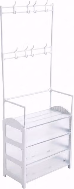 NESTLUNE White 4-Tier Metal Coat and Hat Stand with 8 Hooks and Shoe Rack, W/D/H: 60 x 31 x 158 cm