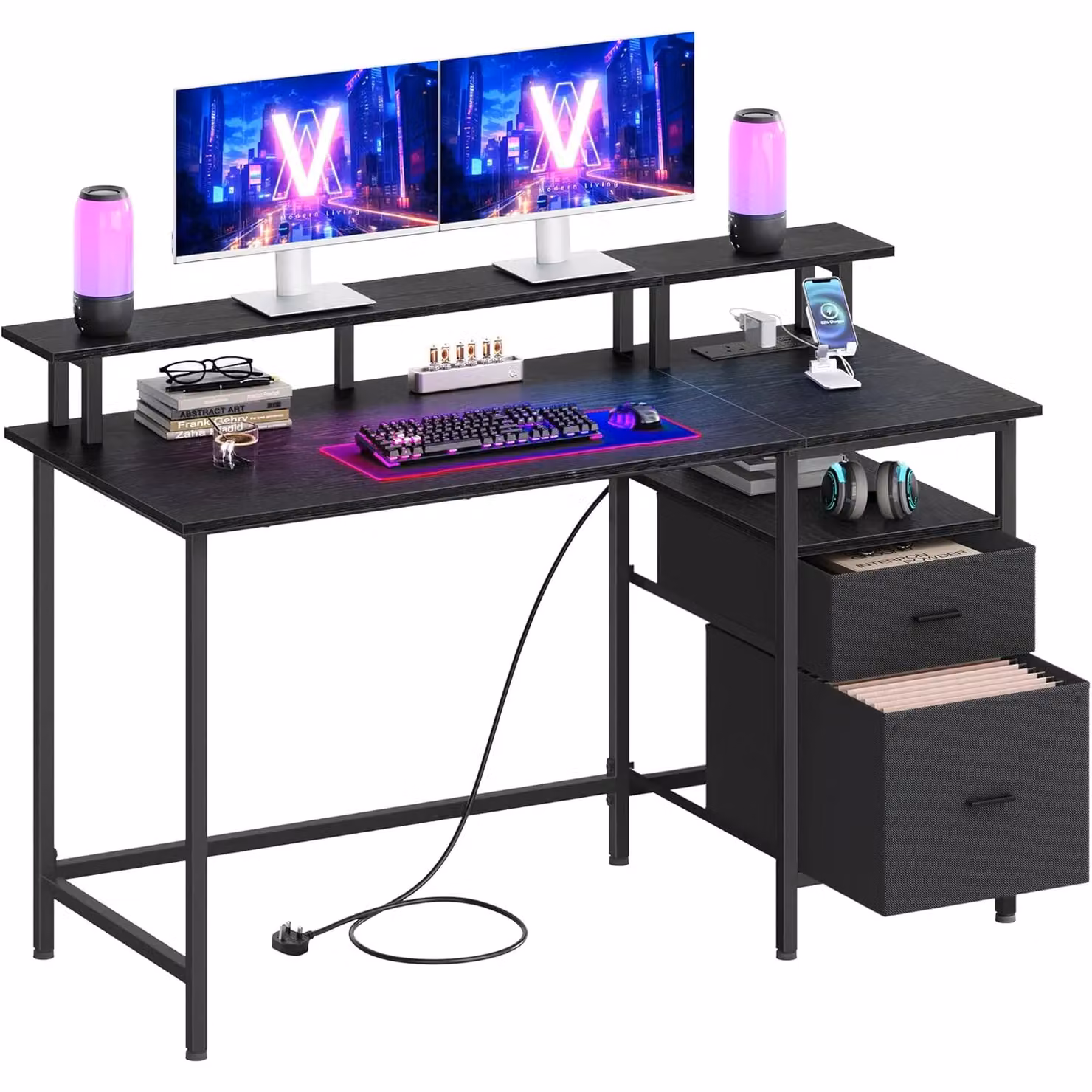 VASAGLE Wide LED Gaming Computer Desk with Monitor Stand, USB Ports and Fabric Drawers, Black – 6