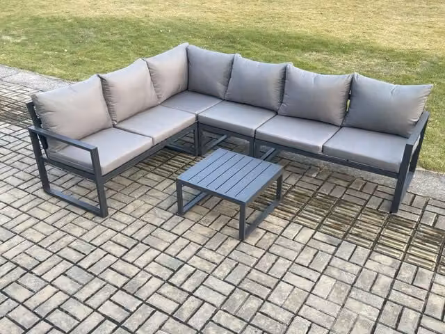 Fimous 6 Seater Aluminium Garden Furniture Set with L-Shape Corner Sofa, Square Coffee Table and Upholstered Cushions in Dark Grey