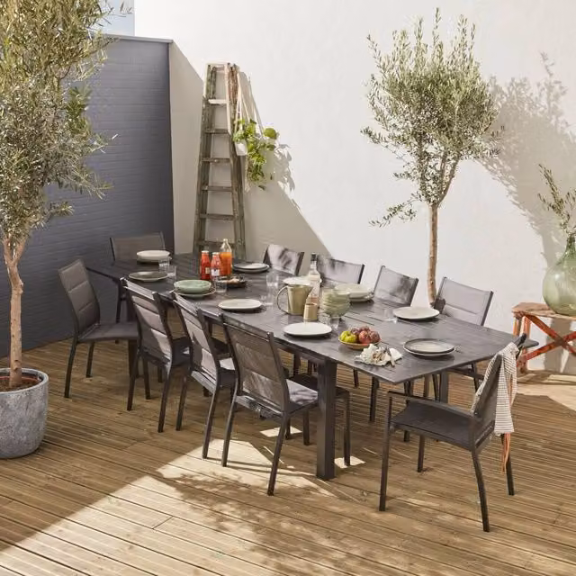 Sweek 10-Seater Extendable Aluminium Garden Table Set with Chairs in Dark Grey