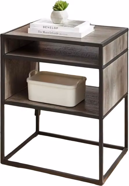 Pirlo Plush Industrial Square Side Table with Open Storage in Grey Walnut and Brown