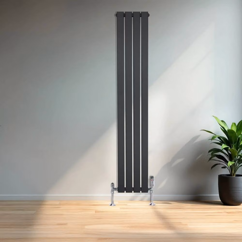 Monstershop Flat Single Column Steel Radiator with Integrated Valves and Thermostat Head, Anthracite Grey, H: 160 cm, W: 28 cm – 4