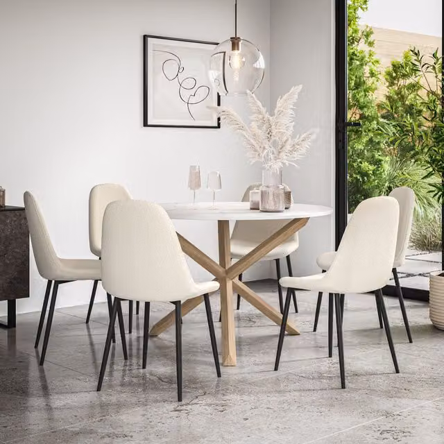More4Homes Malvern Round Dining Table and 6 Maya Boucle Dining Chairs Set, Marble Top with Solid Oak Legs, Ivory and White