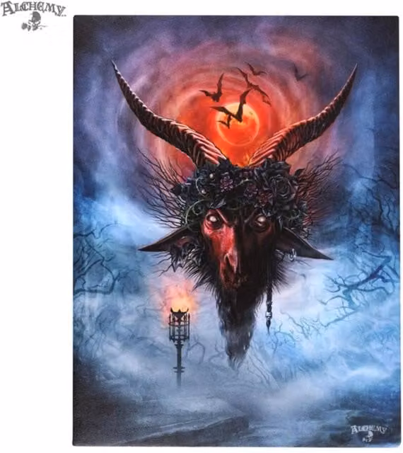 KDMK Baphomet Mystical Occult Canvas Wall Art Plaque, Red and Multicolour, W: 19 cm, H: 25 cm