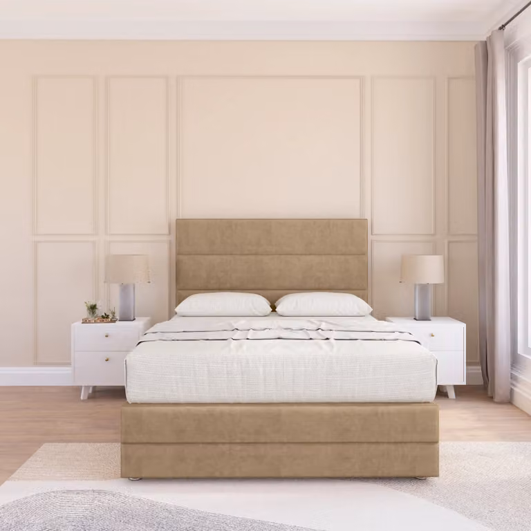 Sloomy Monaco Upholstered Bed Base with 12 inch Footboard and 54 inch Floor Standing Headboard, Light Brown, W/D/H: 180 x 200 x 30.48 cm