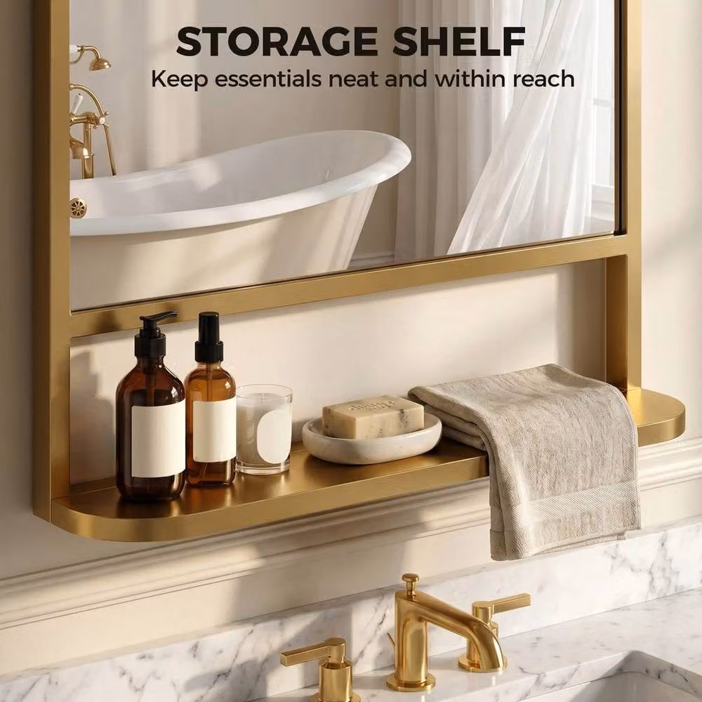 VOGREX Rectangular Wall Mirror with Shelf in Gold, W: 70 cm, H: 50 cm – 2