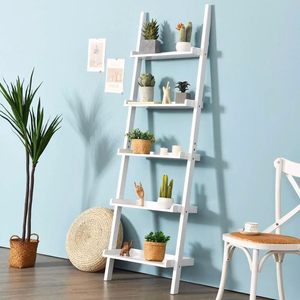 Kelvenix 5 Tier White Lacquered Wood and MDF Leaning Ladder Wall Mounted Shelf Unit – 2