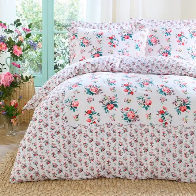 Cath Kidston Icon Floral Cotton Percale Duvet Cover Bedding Set in Multicolour and Pink