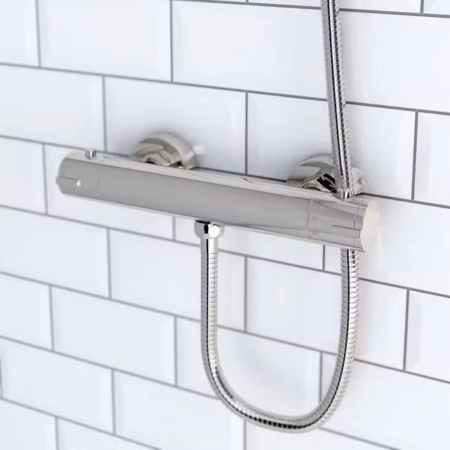 NESTLUNE Thermostatic Exposed Bar Mixer Shower Valve in Silver and Chrome, Single Lever with Safety Stop – 1