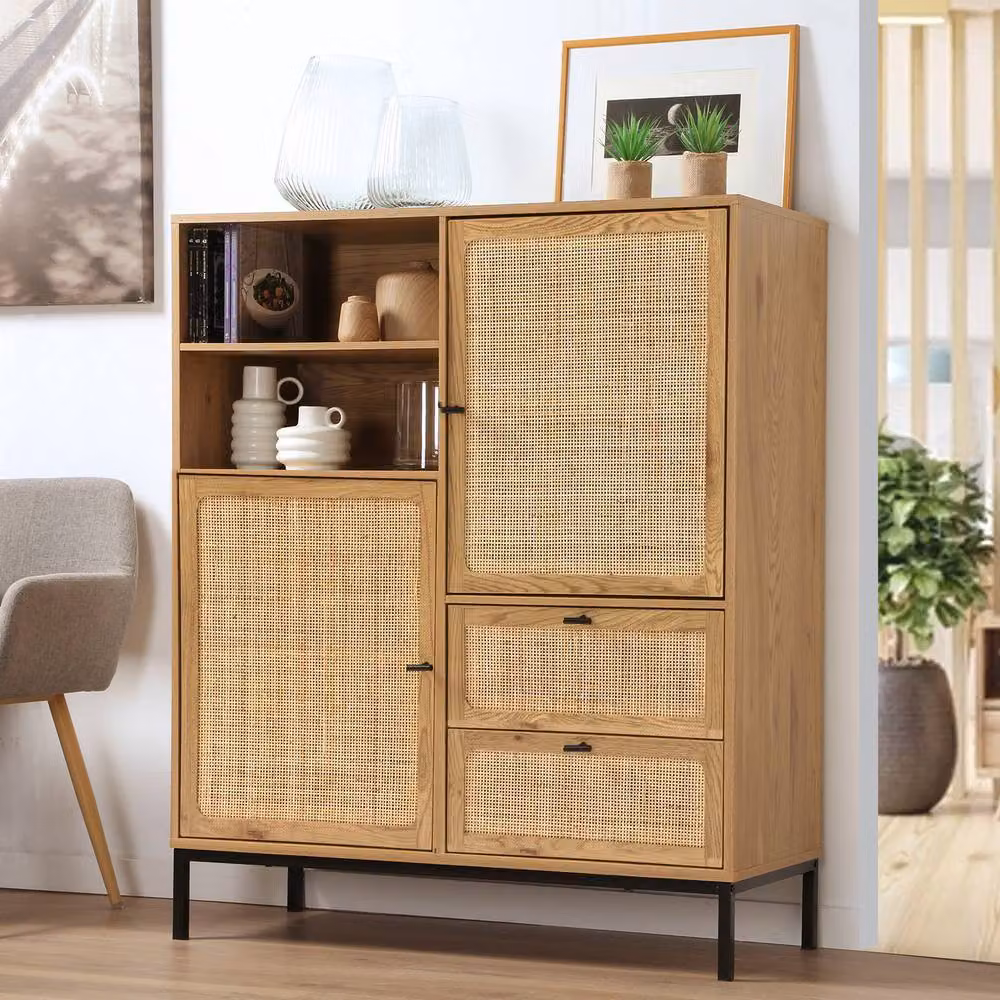 CALICOSY Jaya High Buffet with Natural Rattan Fronts in Light Brown, W: 100 cm, H: 120 cm – 2