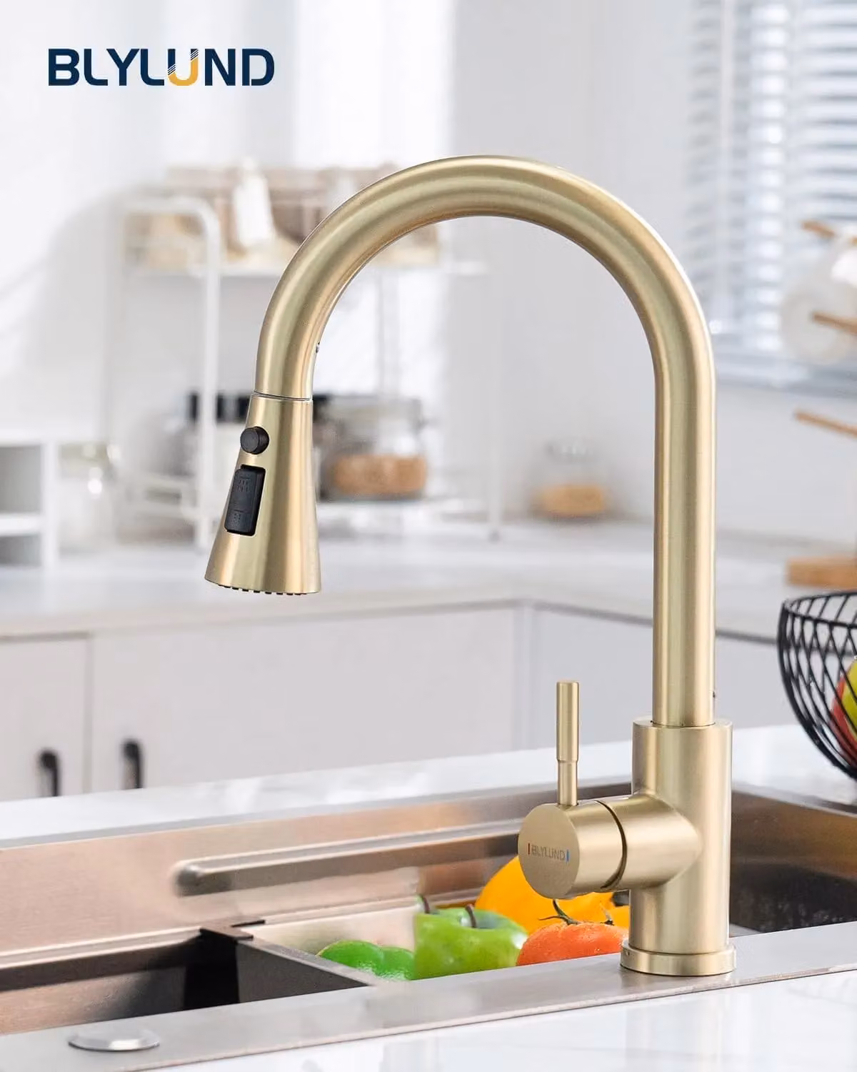 Blylund Brushed Brass Kitchen Tap with Pull Out Spray and Swivel Spout – 2