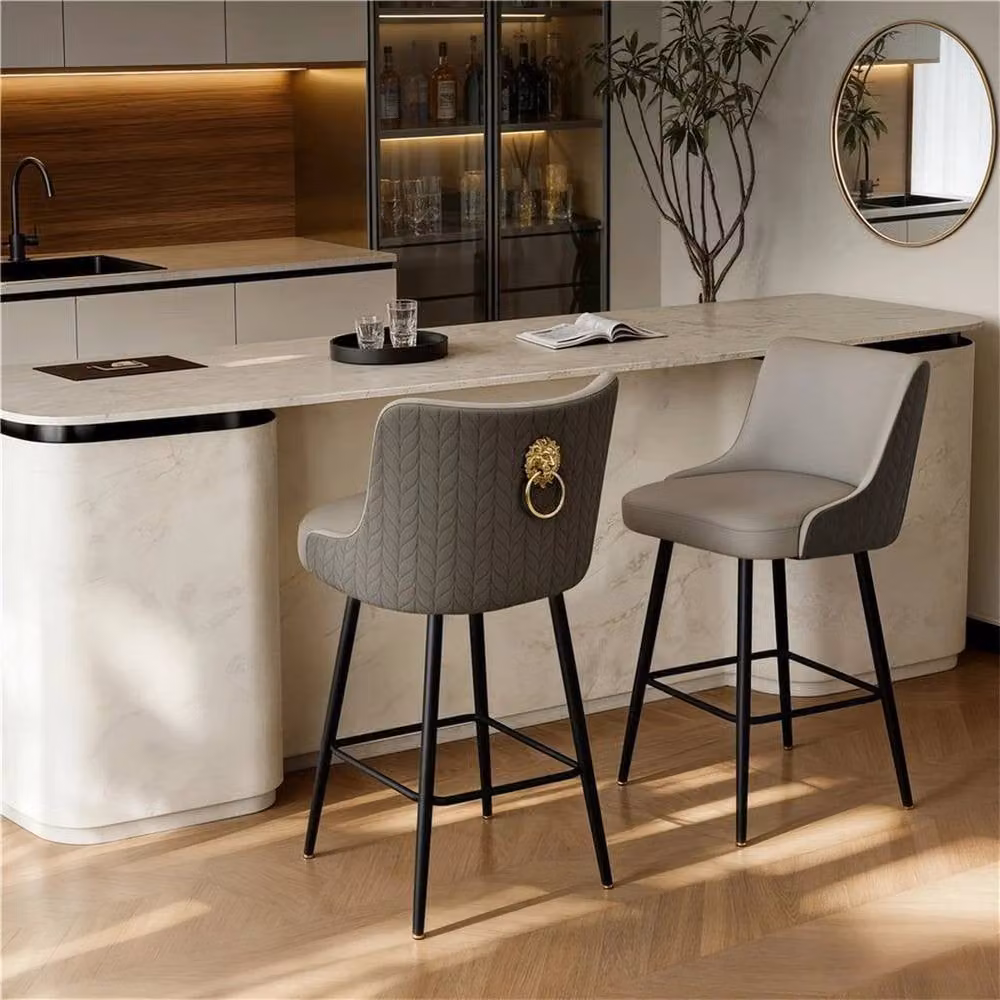KORVIXA 360 Degree Rotating Breakfast Bar Stools with High Tufted Back and Lion Knocker in Grey, W/D/H: 100 x 100 x 66.04 cm – 4