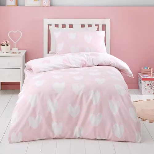 Catherine Lansfield Hearts Brushed Cotton Flannelette Reversible Double Duvet Cover and Pillowcase Set in Pink and White, Duvet Cover: 200 x 200 cm, Pillowcases: 50 x 75 cm