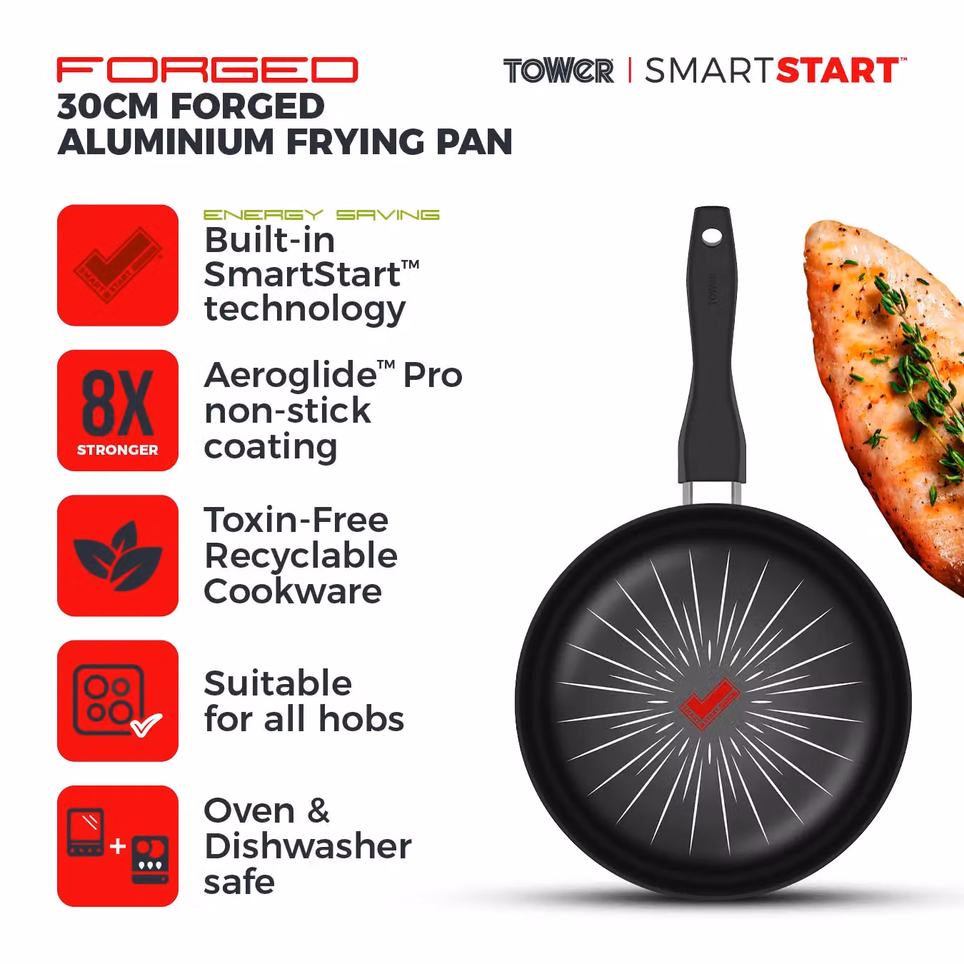 Tower SmartStart Forged 30cm Aluminium Frying Pan with Aeroglide Non-Stick, Black – 6