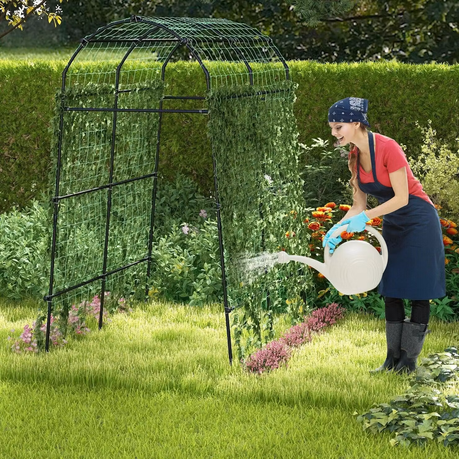 Gymax Black Metal Garden Arch Trellis with Netting, Height: 230 cm – 4