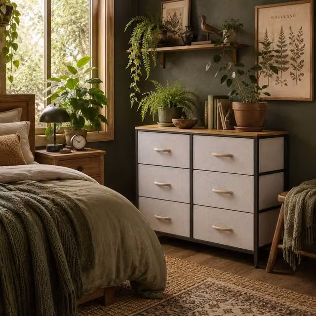 Wyld Haus Nali 6 Drawer Dresser in Cream White Fabric and Maple Effect Wood with Steel Frame, W/D/H: 80 x 30 x 62.5 cm – 1