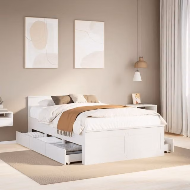 Berkfield Home Small Double Solid Wood Pine Bed Frame with Headboard, White, W/D/H: 120 x 190 cm – 1