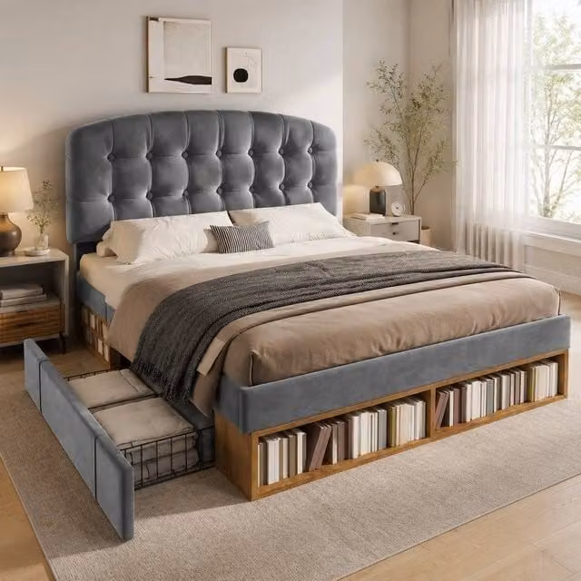 STILVORA Upholstered King Bed Frame with Drawers in Grey, W: 150 cm, D: 200 cm