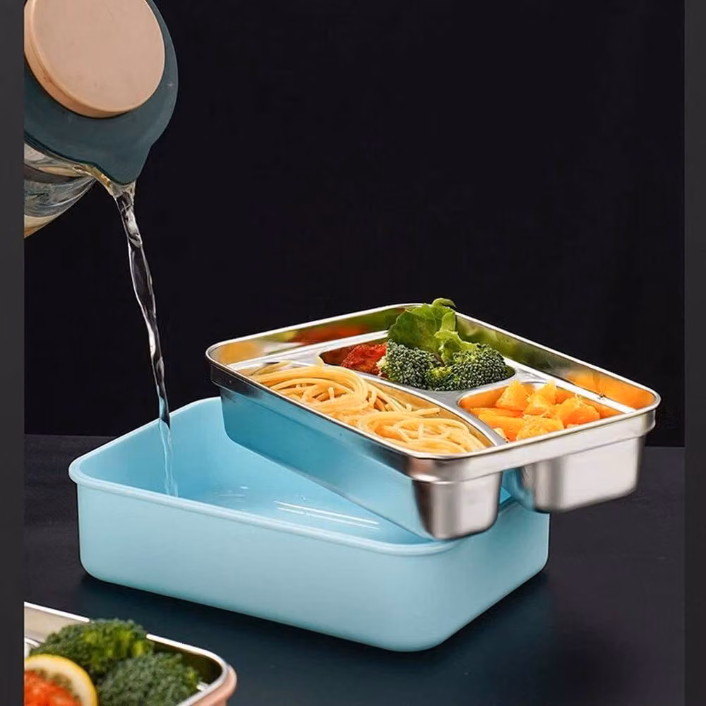SPETLEK Insulated Blue Bento Lunch Box with Triple Grid Stainless Steel Compartments, Leakproof and Dishwasher Safe – 3