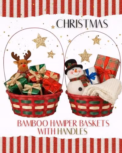 Almineez Set of 2 Christmas Bamboo Hamper Baskets with Handles, Red and Green, W/D/H: 35.5 x 21.5 x 9.5 cm – 2