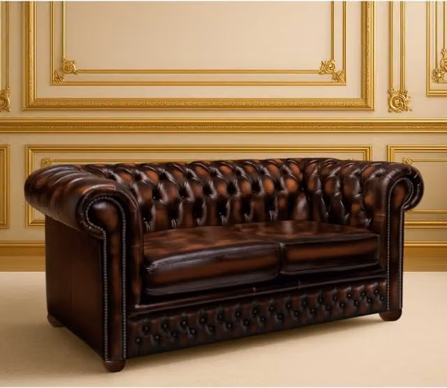 Somnior Beds Ltd Brown Leather Chesterfield 2 Seater Sofa with Solid Wood Frame