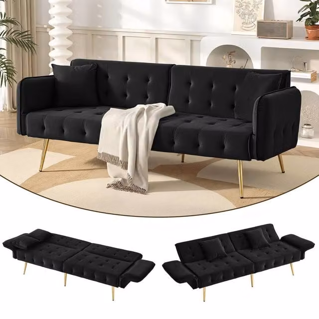 BTM 2 Seater Velvet Sofa Bed in Black with Gold Accents, Click-Clack Folding Sleeper with Solid Wood Frame, W/D/H: 178 x 70 x 41 cm – 1