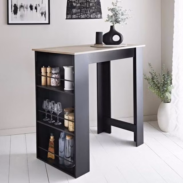 SPOT ON DEALZ Black Kitchen Island Bar Table with Wine Rack and Storage Shelves, H 105 cm x W 100 cm x D 60 cm – 1