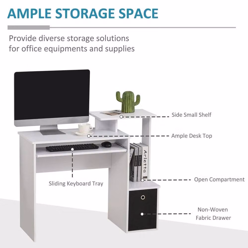 Kelvenix Modern White Computer Desk with Sliding Keyboard Tray, W: 100 cm, H: 86.6 cm – 2