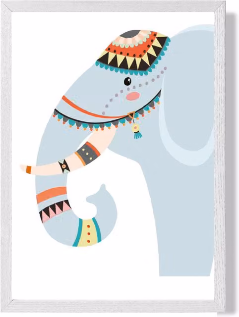 ARTZE Peeking Elephant Tribal Animal Framed Print in Pale Blue and White