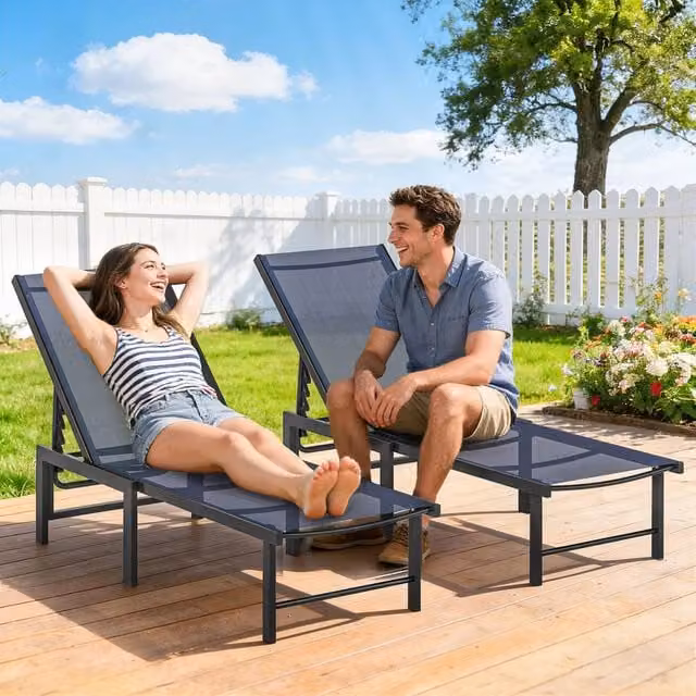 OUTSUNNY Set of 2 Reclining Sun Loungers in Dark Blue with Textilene Fabric and Powder Coated Steel Frame – 1
