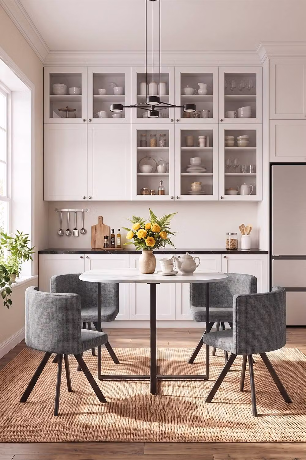 Living and Home Modern Round Marble Dining Table Set with 4 Chairs in Grey and Black – 2