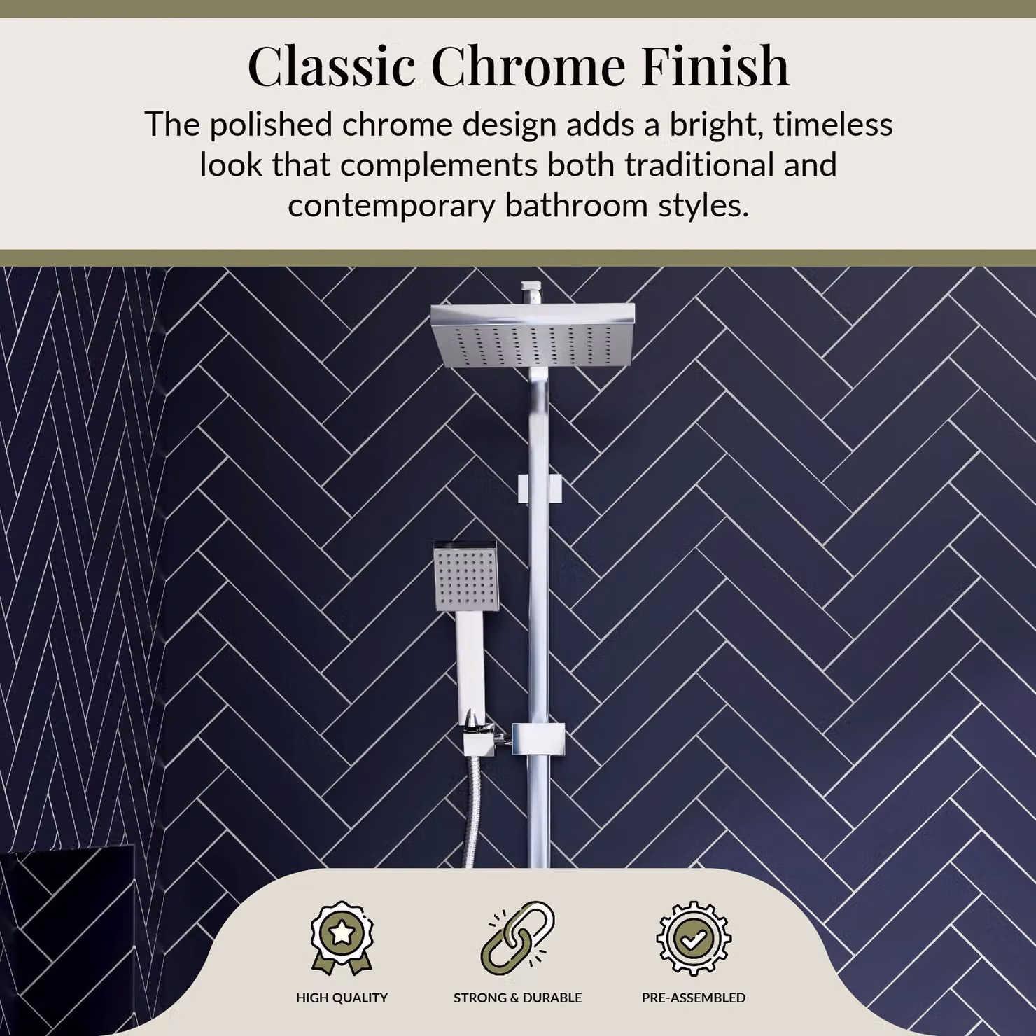 Balterley Empire Square Shower Kit with Fixed Head, Adjustable Handset and Thermostat in Chrome and Silver – 3