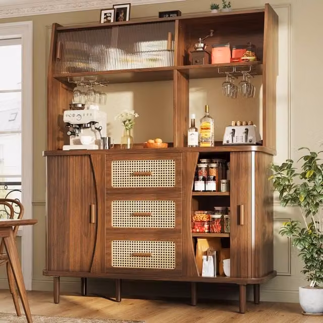 Rolipo Tall Rattan Sideboard Kitchen Cabinet with Glass Sliding Doors in Walnut and Brown
