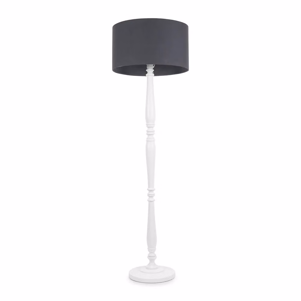 ValueLights Victoria White Wood Traditional Floor Lamp with Grey Fabric Drum Shade and LED Bulb – 2