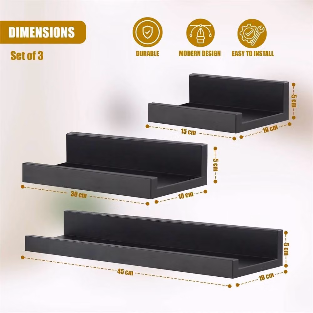 Nordara Set of 3 Black Matt Floating Wall Shelves for Picture and Book Display – 2