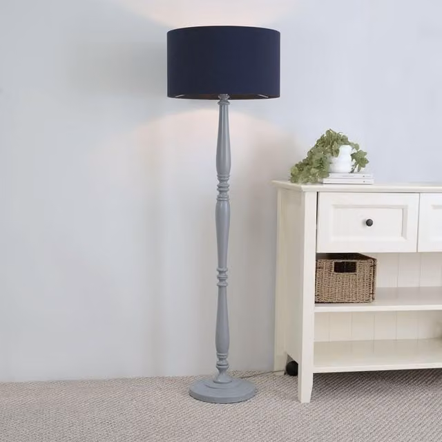 ValueLights Victoria Wood Floor Lamp with Navy Blue Fabric Drum Shade and LED Bulb