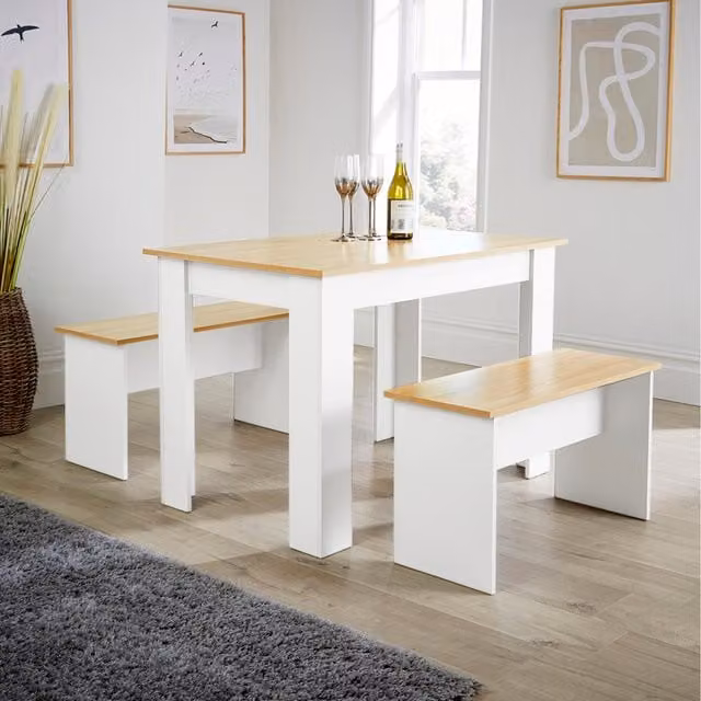 Home Source Camden Rectangular Dining Table and Bench Set in White and Grey Oak Wood